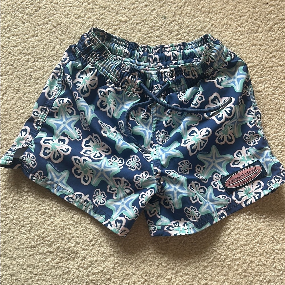 Vineyard Vines Navy and Teal Floral Swim Trunks